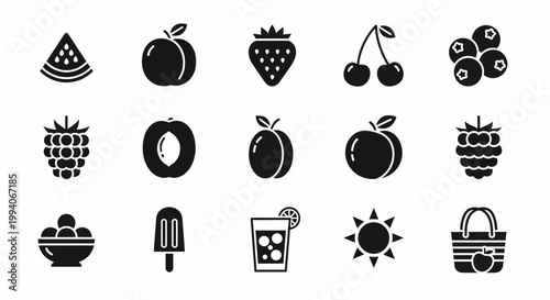 Black silhouette icons of various fruits drinks and sun graphic