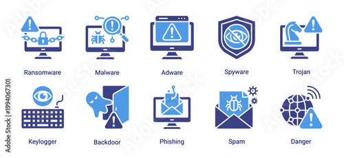 Malware threat icon set featuring ransomware,spyware,trojan,phishing and cyber attack risks.Perfect for cybersecurity threat visualization,hacking concepts and digital danger awareness.