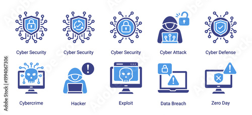Cyber security icon set including hacker,cyber attack,exploit and data breach concepts.Ideal for cybersecurity services,network defense and digital protection solutions.