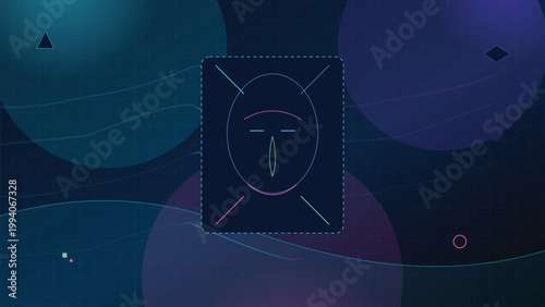 Abstract Digital Human Face UI HUD with Biometric Identification, Cybernetic Artificial Intelligence Concept and Futuristic Geometric Elements on Dark Blue Background