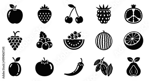 Fifteen black and white icons depicting various fruits and vegetables