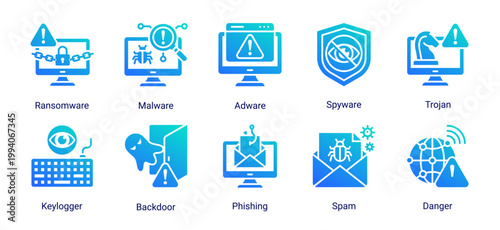 Malware threat icon set featuring ransomware,spyware,trojan,phishing and cyber attack risks.Perfect for cybersecurity threat visualization,hacking concepts and digital danger awareness.