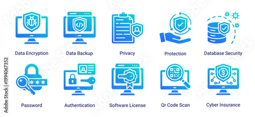 Data protection icon set featuring encryption,backup,authentication and privacy security.Perfect for secure data systems,login protection and information security solutions.