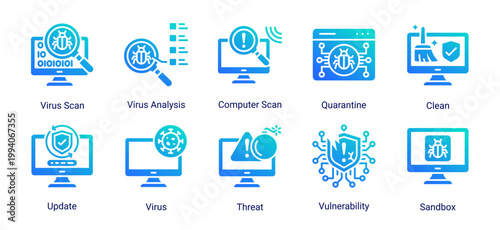 Virus detection icon set with scan,quarantine,sandbox and system update concepts.Ideal for antivirus software,malware analysis and cybersecurity monitoring systems.
