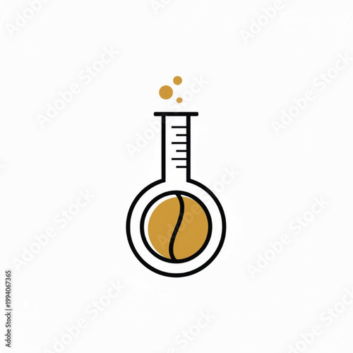 Thermometer lab icon with golden measurement circle and floating bubbles on clean white background featuring temperature, chemistry, science with