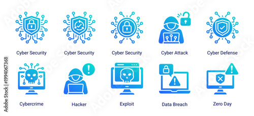 Cyber security icon set including hacker,cyber attack,exploit and data breach concepts.Ideal for cybersecurity services,network defense and digital protection solutions.