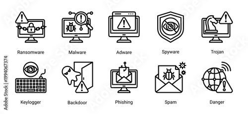 Malware threat icon set featuring ransomware,spyware,trojan,phishing and cyber attack risks.Perfect for cybersecurity threat visualization,hacking concepts and digital danger awareness.