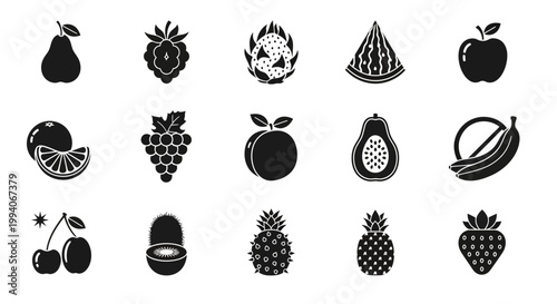 Fifteen black and white icons depicting various whole and sliced fruits