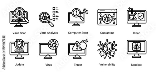 Virus detection icon set with scan,quarantine,sandbox and system update concepts.Ideal for antivirus software,malware analysis and cybersecurity monitoring systems.
