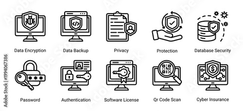 Data protection icon set featuring encryption,backup,authentication and privacy security.Perfect for secure data systems,login protection and information security solutions.