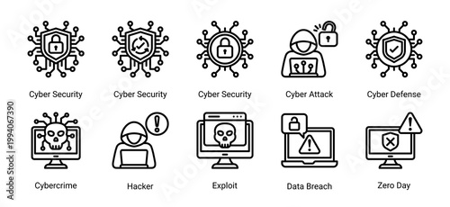 Cyber security icon set including hacker,cyber attack,exploit and data breach concepts.Ideal for cybersecurity services,network defense and digital protection solutions.