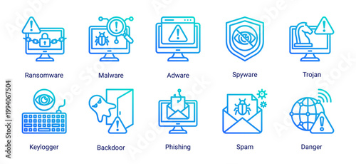 Malware threat icon set featuring ransomware,spyware,trojan,phishing and cyber attack risks.Perfect for cybersecurity threat visualization,hacking concepts and digital danger awareness.