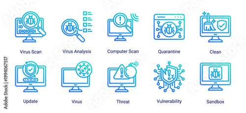 Virus detection icon set with scan,quarantine,sandbox and system update concepts.Ideal for antivirus software,malware analysis and cybersecurity monitoring systems.