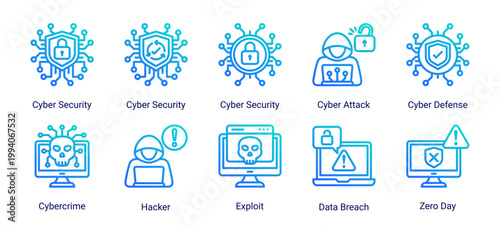 Cyber security icon set including hacker,cyber attack,exploit and data breach concepts.Ideal for cybersecurity services,network defense and digital protection solutions.