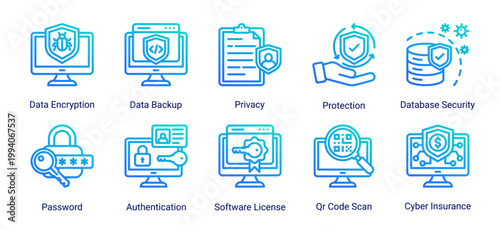 Data protection icon set featuring encryption,backup,authentication and privacy security.Perfect for secure data systems,login protection and information security solutions.