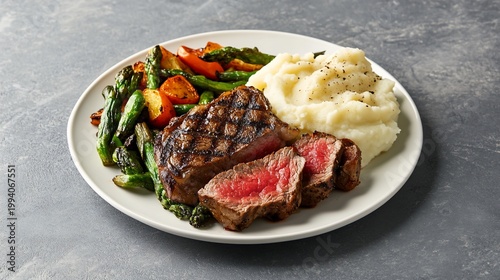 Delicious plate of medium rare steak with asparagus and mashed potato