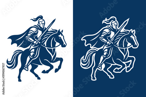Modern Minimalist Knight Riding Horse Mascot Logo Design, Professional Blue Cavalier Warrior Stallion Negative Space Vector Emblem