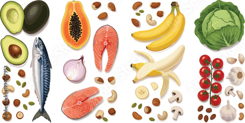 Healthy Food Ingredients Collection with Fruits, Vegetables, Fish, Nuts, and Mushrooms, Balanced Diet Nutrition Illustration Vector Design Set