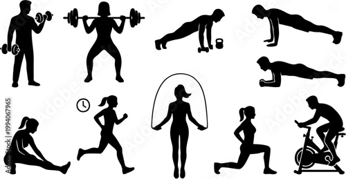 fitness routine silhouette set gym workout activity icons