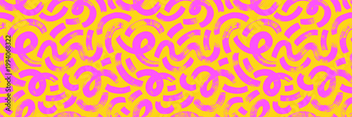 Funky seamless pattern with squiggles and bold curved lines. Bold and thick swirls and curved lines ornament. Yellow pink neon graphic seamless pattern with abstract swirls, squiggles and dots.