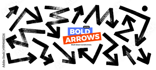 Bold and thick grunge straight and zigzag arrows. Hand drawn vector png bold brush drawn arrows. Vector inky illustration. Gold geometric lines and shapes. Folded zigzag lines in different direction.