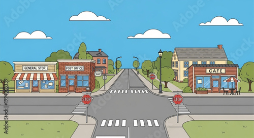 Charming Small Town Main Street Scene with Shops and Road.