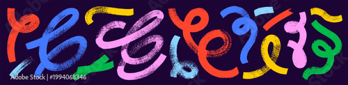 Bold funky brush squiggles and thick graffiti curved lines collection. Hand drawn geometric vector organic forms and lines. Whimsical bold brush strokes on dark bg. Texture brush paint strokes.