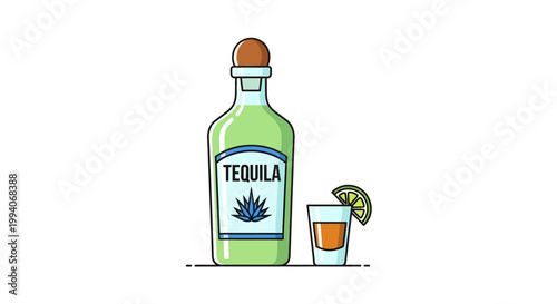 Tequila bottle and shot glass with lime slice on white background