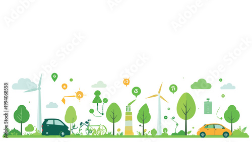 vector green plants and windmills, green energy