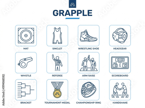 Quadro su tela Professional collection of navy blue and gold line art icons featuring wrestling