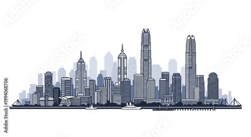 Modern city skyline with skyscrapers in monochrome vector illustration