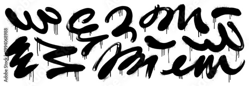 Graffiti spray paint bold squiggly lines with drips. Street art design graffiti elements. Thick brush strokes with paint splatters and ink drips. Airy ink strokes, aerosol effect. Curly lines with loo
