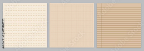 Vintage paper textures set, 3 brown notebook paper vector backgrounds, aged grid and lined paper sheets for scrapbooking and digital journaling