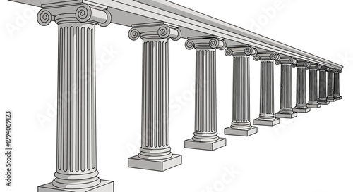 Row of classical Greek columns in perspective view on white background