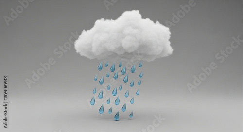 A fluffy white cloud raining down many water droplets.