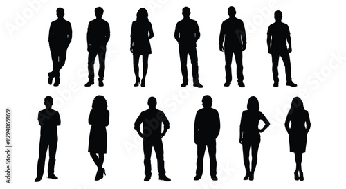 Silhouette illustration of twelve people standing in various poses against a white background for use in graphic design projects needing human figures