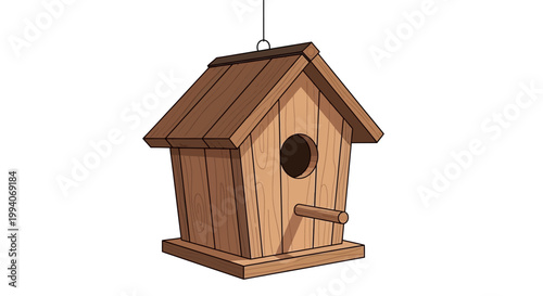 Wooden birdhouse hanging on a string in a minimalist style