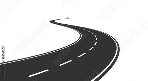 Curved asphalt road on white background with dashed lines