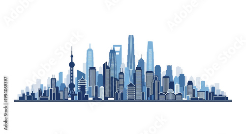 Modern city skyline silhouette with blue skyscrapers on white background