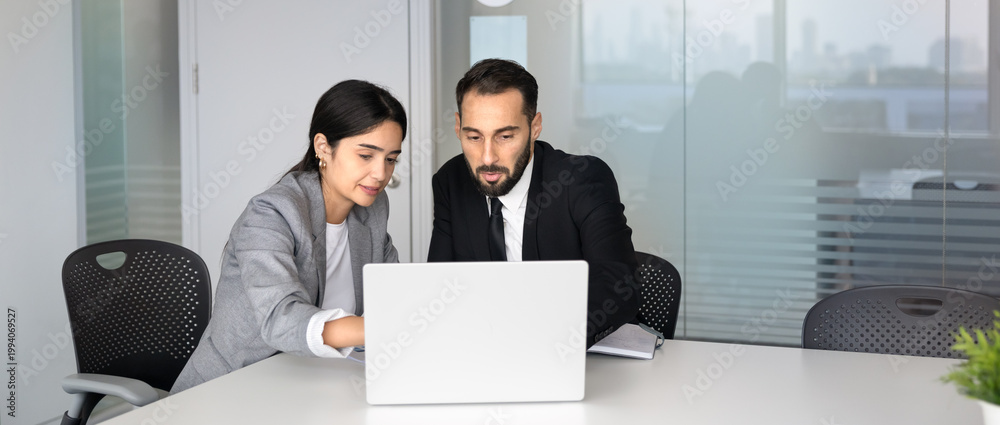 Fototapeta premium Multiethnic colleagues working together in office, reviewing information on laptop. Client consultation, project planning, business data analysis, strategy development, collaborative decision-making