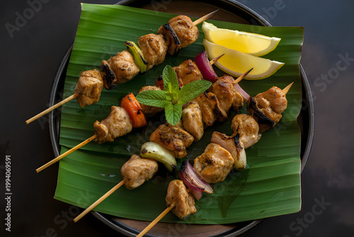 Delicious chicken skewers with lemon and mint on a banana leaf
