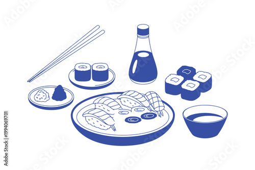 Asian sushi and ramen bowls with chopsticks and sauces, a delightful meal.