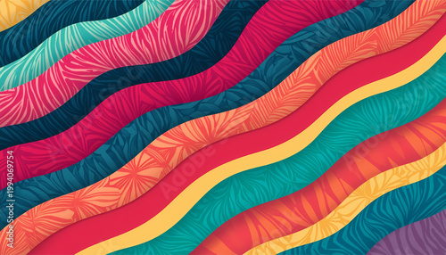 Vibrant abstract wavy stripes with tropical leaf patterns in a dynamic diagonal composition conveying a sense of energetic movement and joyful exoticism its illustration only