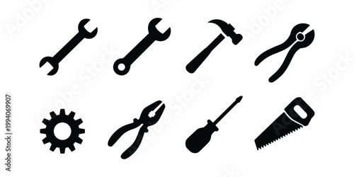 Black silhouettes of various hand tools on white background wrenches hammer pliers vector illustration