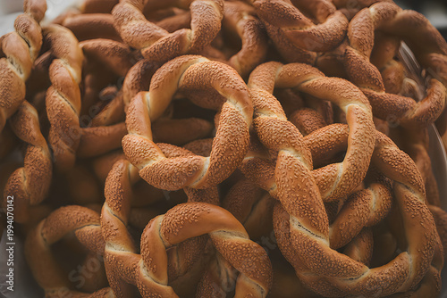 Heap of freshly baked sesame seed Turkish bagels, simit, close-up