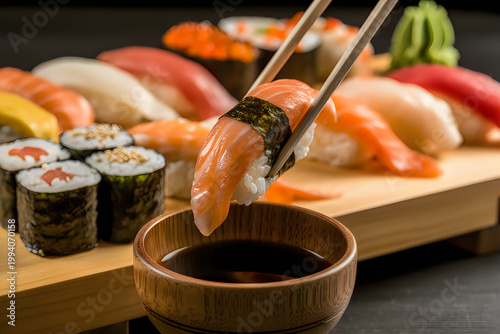 Salmon sushi being dipped in soy sauce with a variety of sushi