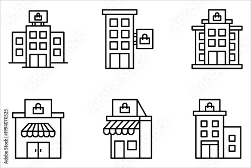 Shopping centre icon set. Mall building on white background