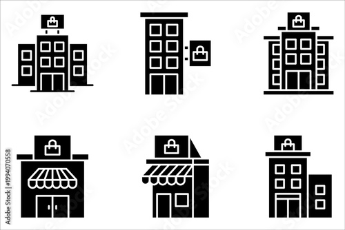 Shopping centre icon set. Mall building on white background
