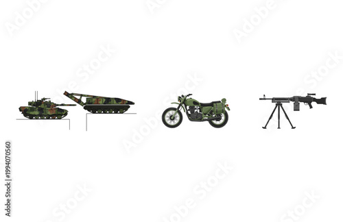 Vector Icons of Military Vehicles and a Motorcycle on a White Background