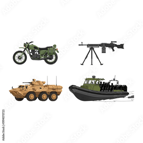 Collection of Military Vehicles including a motorcycle, armored car, and boat